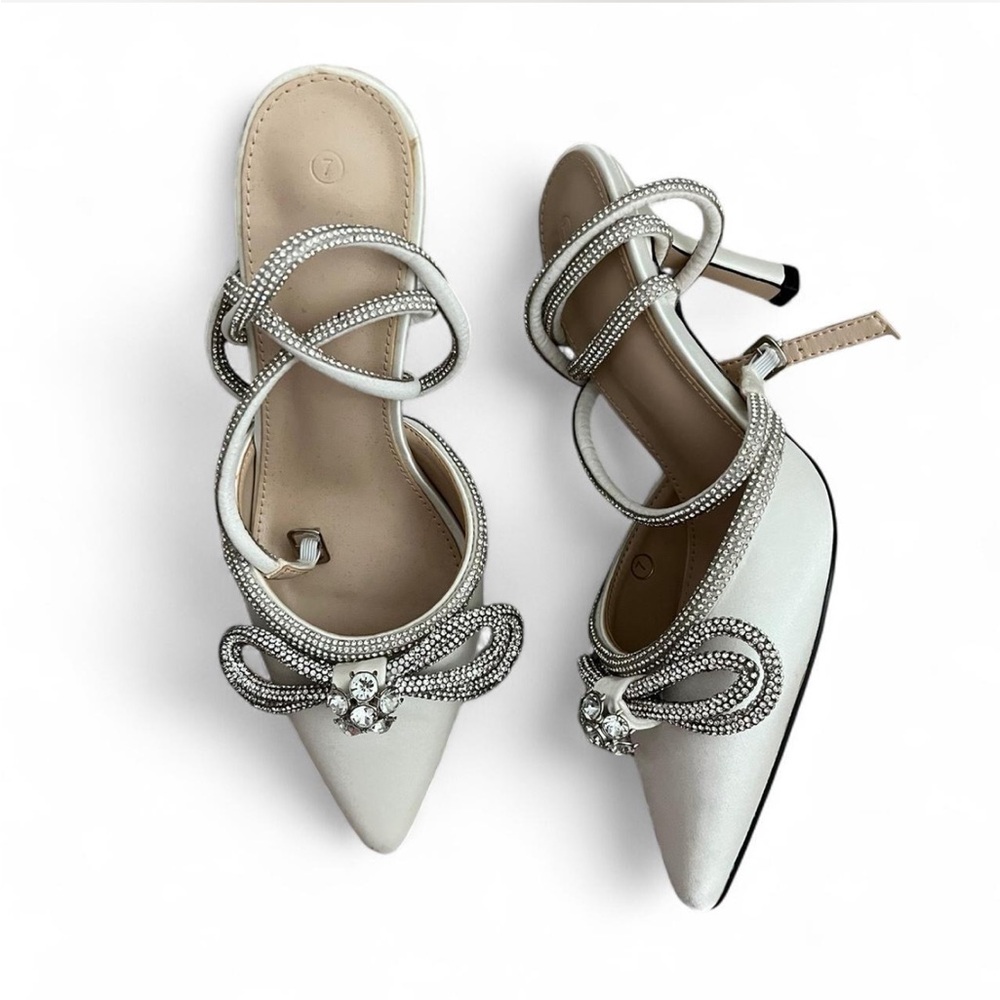 Off White Satin Pumps with Sparkly Silver Straps
